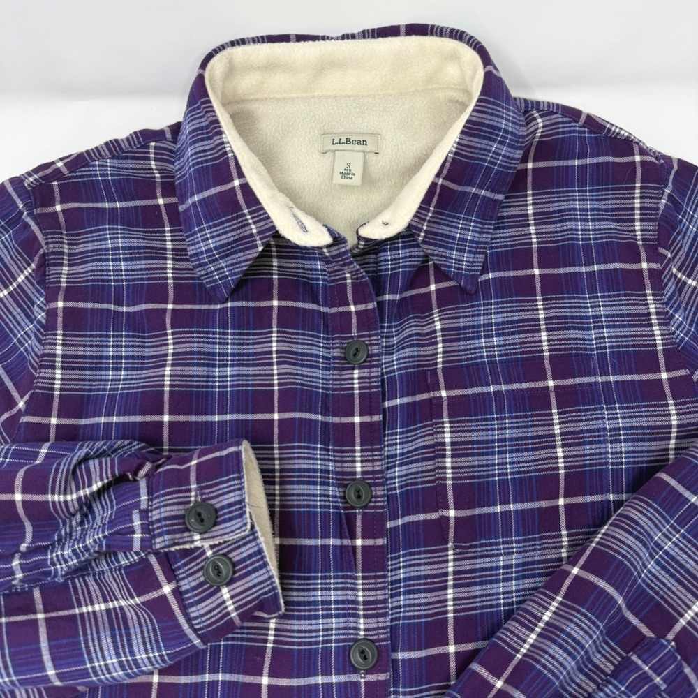 LL Bean Womens Small Purple Plaid Fleece‎ Lined Flannel Shirt Jacket Shacket